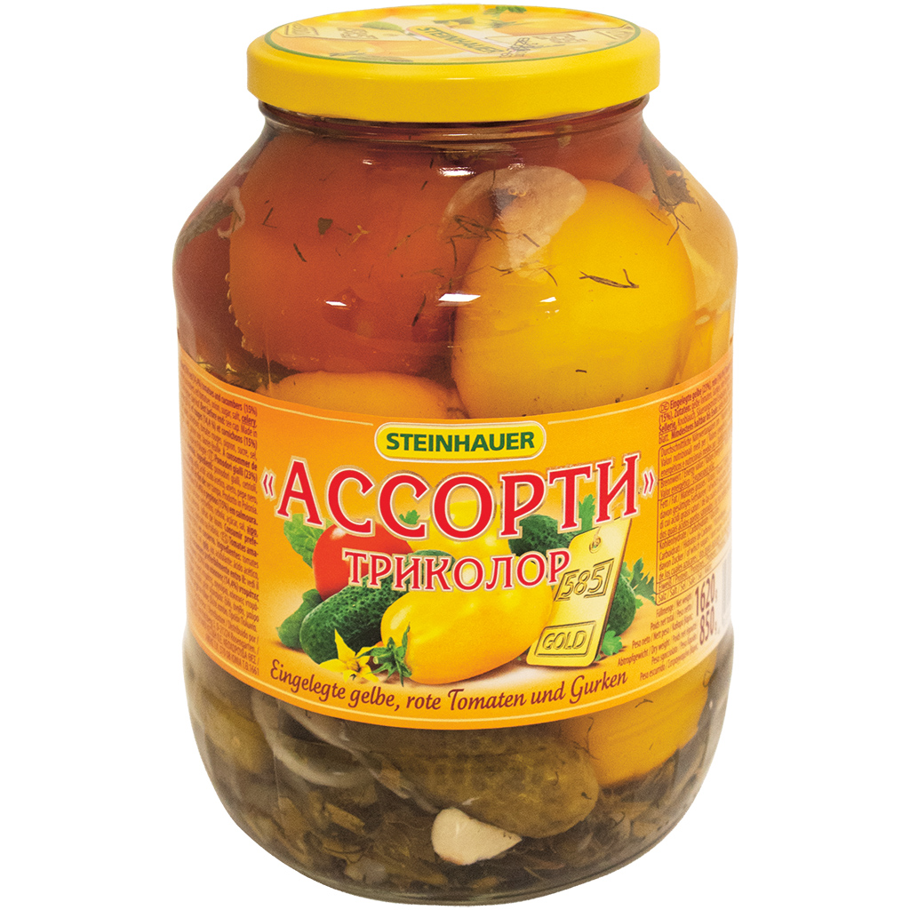 Eingelegte gelbe und rote Tomaten und Gurken "Assorti"